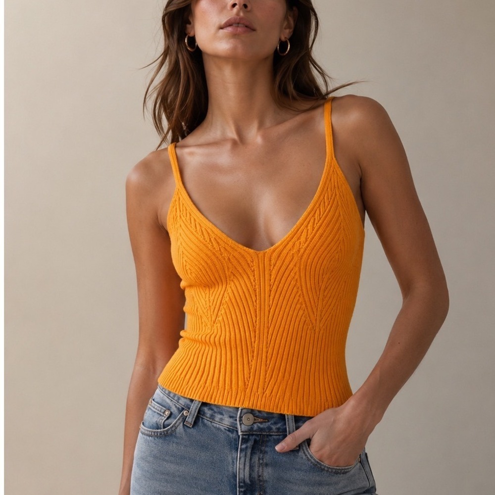 Sandro Paris Rib Knit Sweater Tank Womens Medium Orange Cotton Stretch Cami